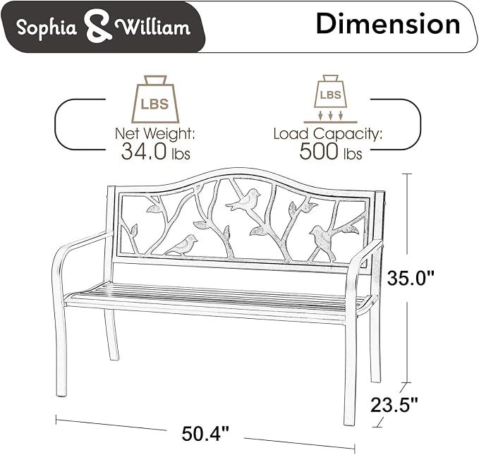 Sophia & William Outdoor Patio Metal Park Bench Red, Steel Frame Bench - Image 3