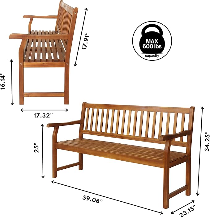 JONATHAN Y BNH101A Laurel 59.1" 3-Seat Slat-Back 600-Lbs Support Acacia Wood - Image 3