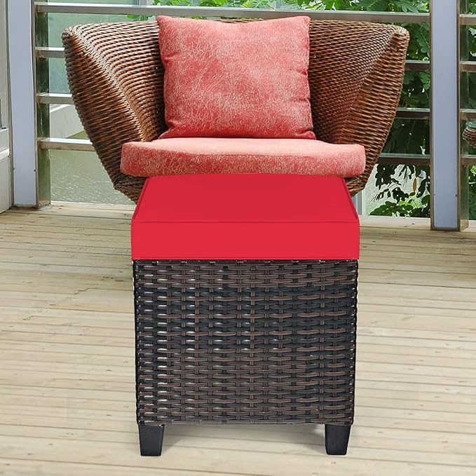 2PCS Patio Outdoor Ottomans, Rattan Wicker Ottoman Seat w/Removable Cushions - Image 9