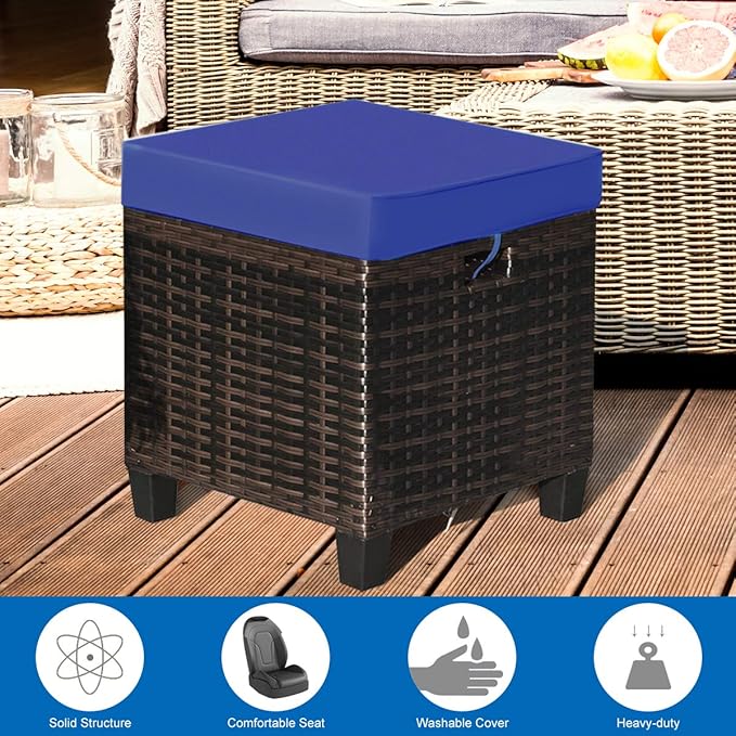 2PCS Patio Outdoor Ottomans, Rattan Wicker Ottoman Seat w/Removable Cushions - Image 4