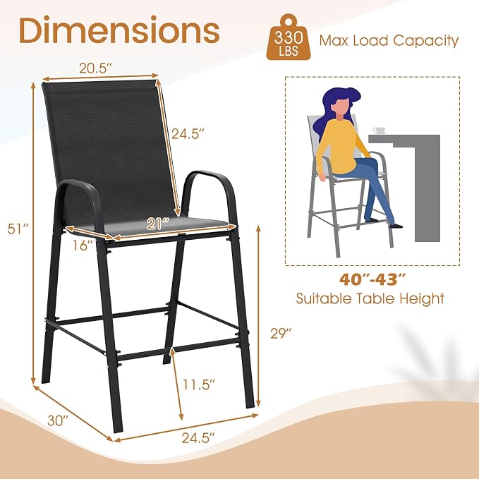 Tangkula Outdoor Bar Stools Set of 4, Enlarged Seat & Metal Frame, Tall Patio - Image 3