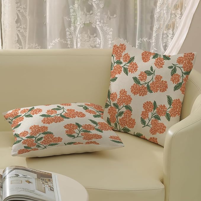 Fall Burnt Orange Pillow Covers 18x18 Inch 2 Pcs Green Hydrangea Flower Decor - Image 4