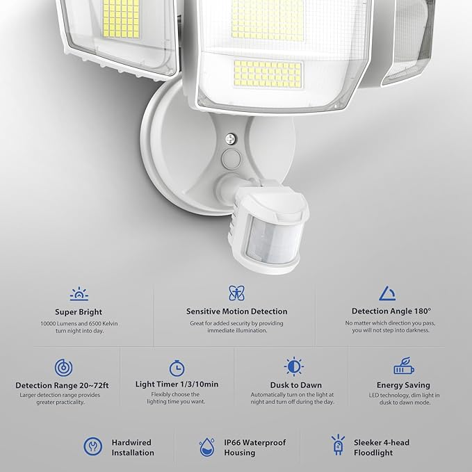 Onforu 90W 10000LM LED Motion Sensor Outdoor Lights, 4-Head Dusk to Dawn - Image 3
