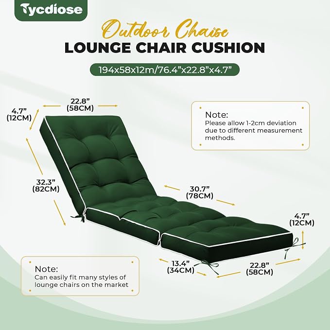 Outdoor Chaise Lounge Chair Cushion, Waterproof Non-Slip Patio Chaise Lounge - Image 3