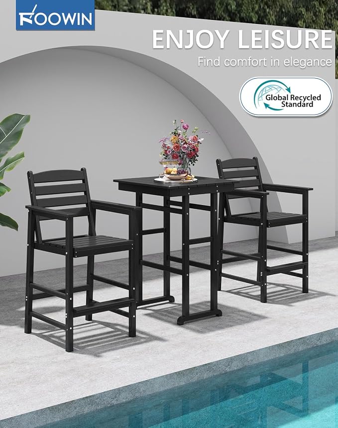 FOOWIN 3 Piece Outdoor Bar Height Table and Chairs, All Weather HDPE Patio Bar - Image 3