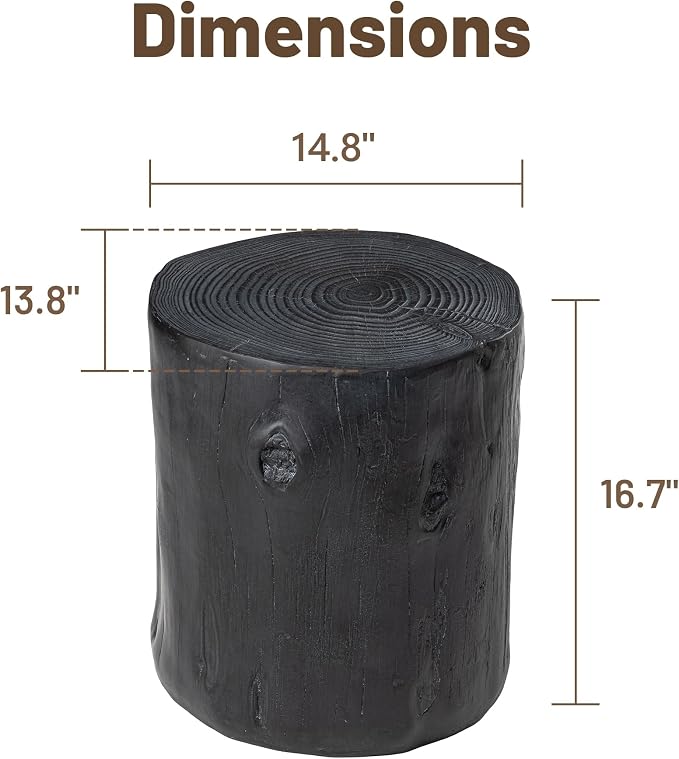 COSIEST Outdoor End Table Black Colored Faux Wood, Hand-Painted Wood Stump Stool - Image 3
