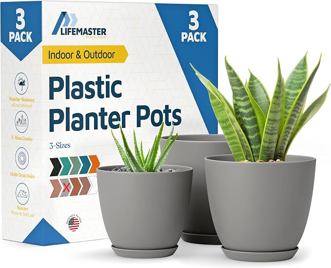 Gray Plant Pots with Drainage Holes & Saucers 3 Pack, Indoor & Outdoor by LIFEMASTER