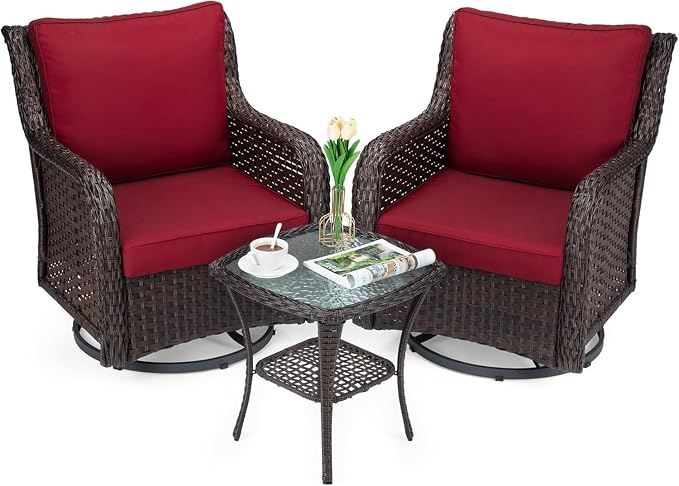 GarveeHome 3-Piece Outdoor Wicker Rattan Swivel Rocking Chair Set by GarveeHome