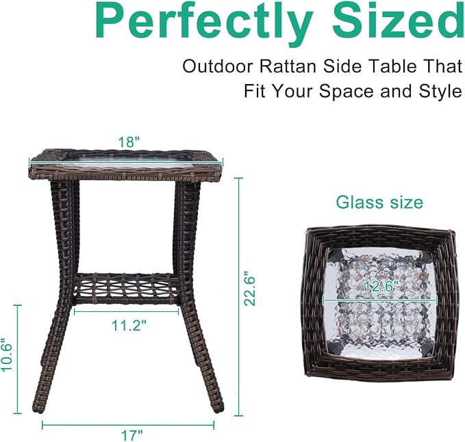 VINGLI Outdoor Side Table with Storage Wicker Patio Side Table, Tempered Glass - Image 3