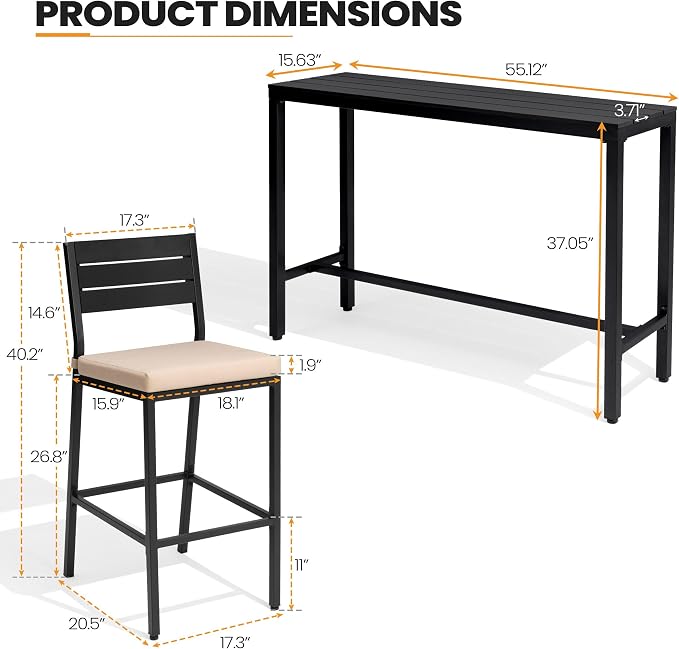 Crestlive Products Outdoor Bar Table and Chairs Set, 3 Piece Outside Patio Bar - Image 2