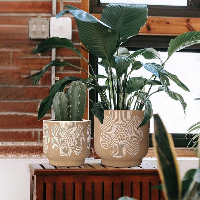 YBX 8 Inch + 6 Inch White Flower Pattern Plant Pots, Sand Glazed Ceramic Planter - Image 3