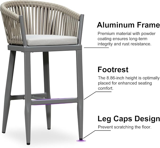 PURPLE LEAF Outdoor Bar Height Stools Set of 2 Patio Metal Modern Wicker Bar - Image 5