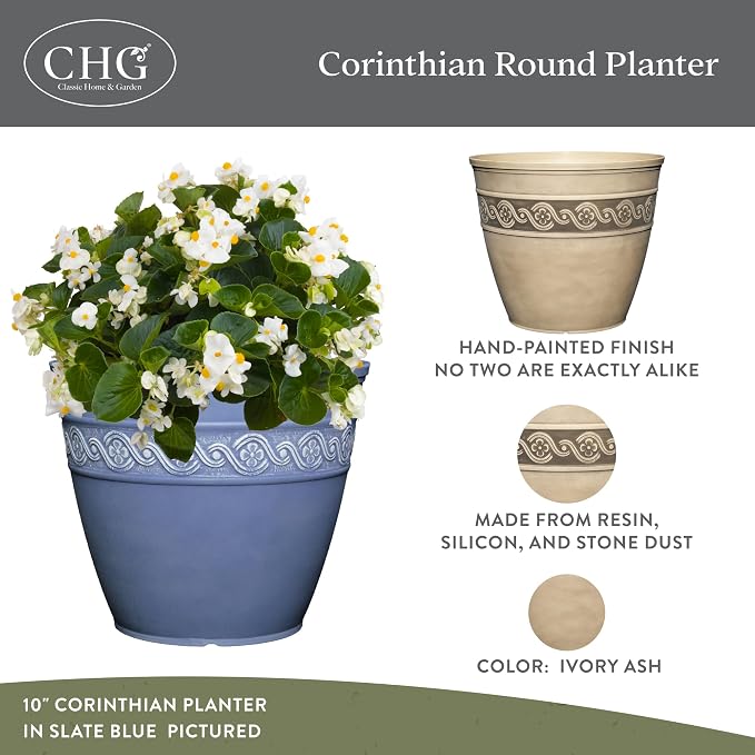 Classic Home and Garden Corinthian Resin Flower Pot Planter, Ivory Ash - Image 2