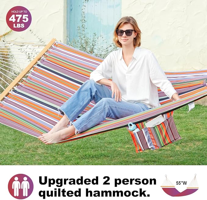 2 Person 12FT Hammocks for Outside, Double Quilted Fabric Outdoor Hammock - Image 3