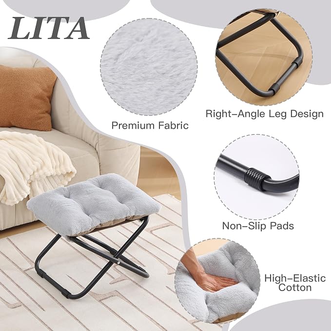LITA Folding Footrest Stool, Portable Ottoman Foot Rest, Upholstered Small - Image 4