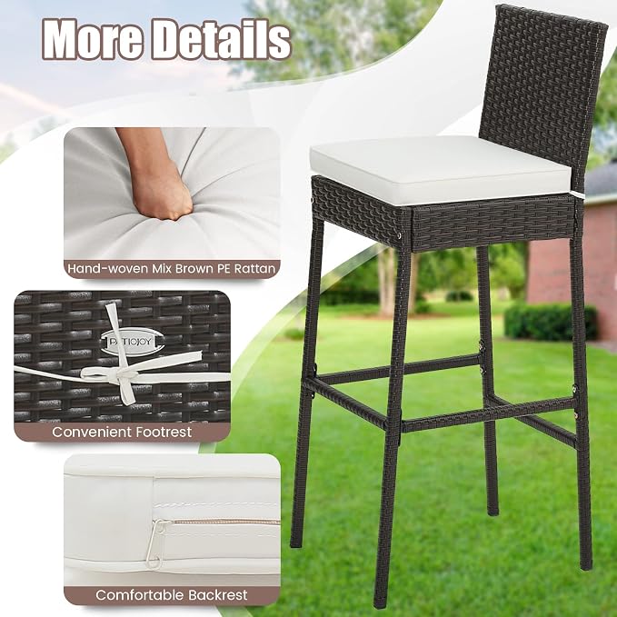 Tangkula Set of 4 Patio Wicker Barstools, Outdoor Bar Height Chair w/Soft Seat - Image 6