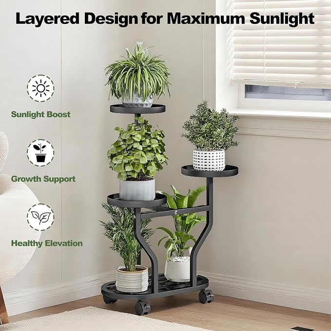 Plant Stand with Wheels 3 Tier Metal Plant Holder Corner Flower Shelf - Image 6