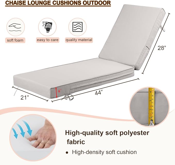 Chaise Lounge Cushions Outdoor Set of 2, Waterproof & Fade Resistant Patio - Image 4