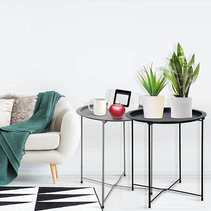 Garden 4 you Folding Tray Metal Side Table 2PC Grey Round End Table Cyan Sofa - Image 6