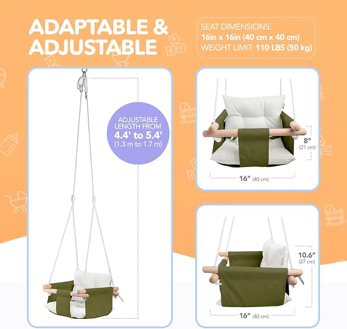 CaTeam - Canvas Baby Swing, Wooden Hanging Swing Seat Chair - Image 5