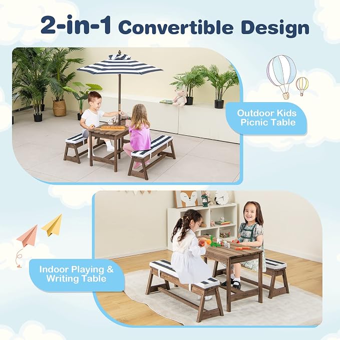 HONEY JOY Kids Picnic Table, Outdoor Wooden Table & Bench Set w/Removable - Image 2