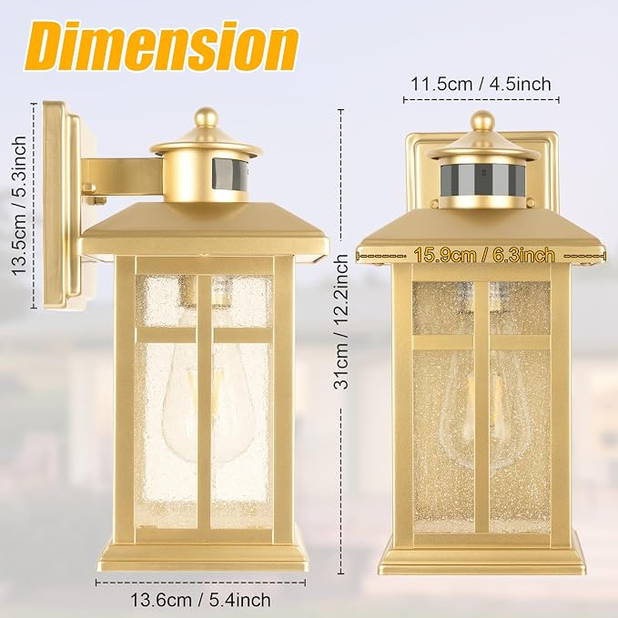 2-Pack Gold Exterior Motion Wall Sconces, Outdoor Waterproof Wall Light - Image 2