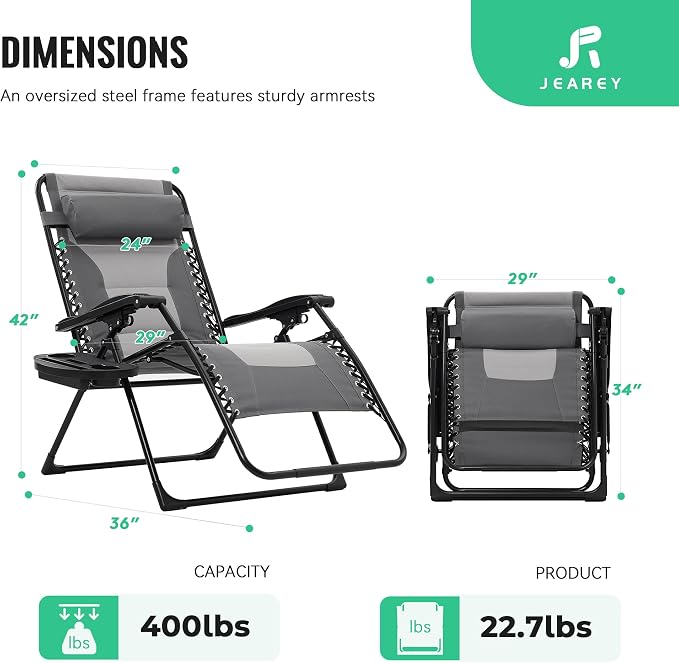 JEAREY Oversized Padded Zero Gravity Chairs Set of 2, Folding Lounge Chair - Image 3