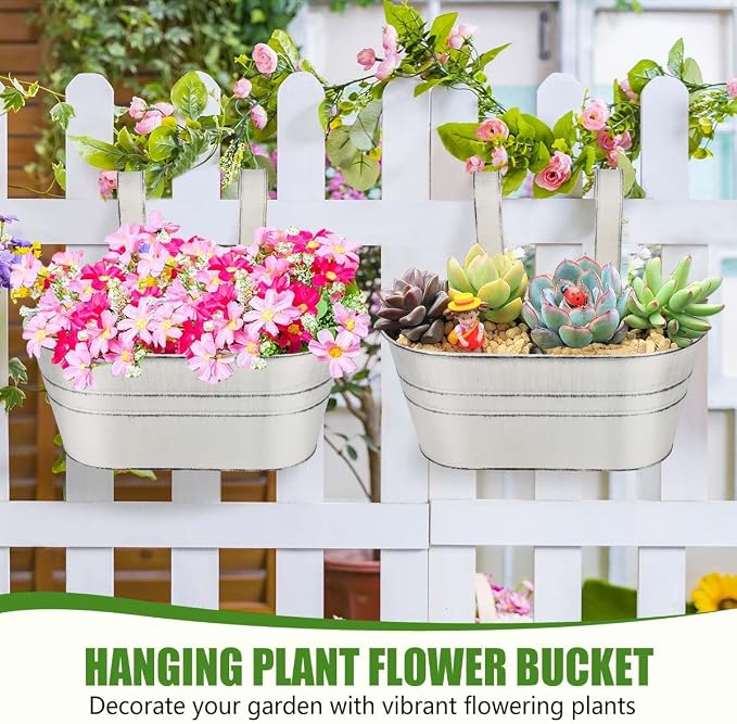 OBTANIM 4 Pack Metal Hanging Flower Pots Iron Railing Planter Outdoor Fence - Image 4
