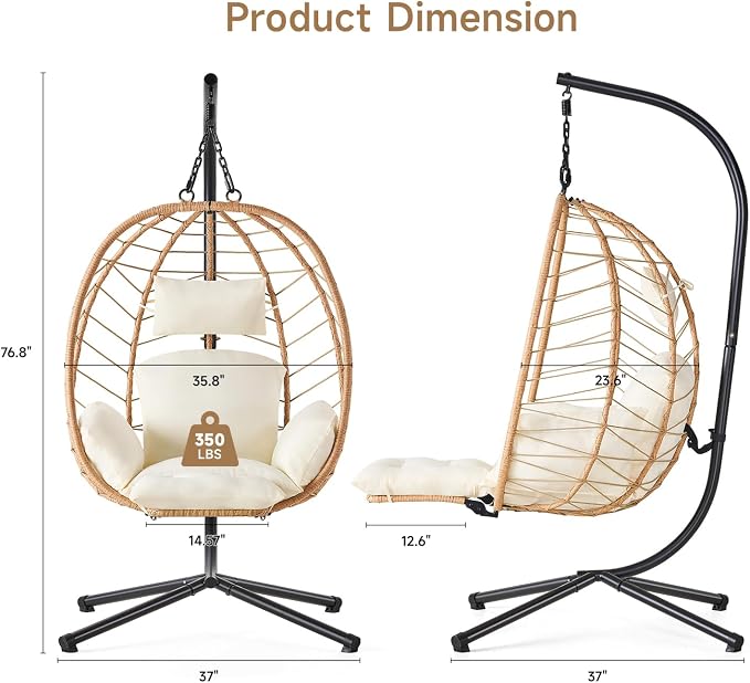 ONBRILL Hanging Egg Chair with Adjustable Footrest & Stand, Wicker Rattan Swing - Image 8