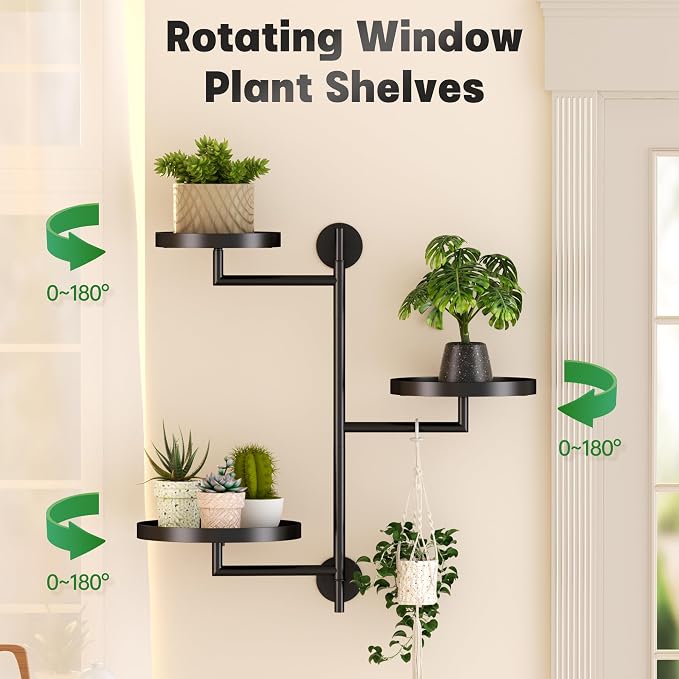 Window Rotating Plant Stand Shelf Indoor Black Metal Floating Shelves 3-Tier - Image 6