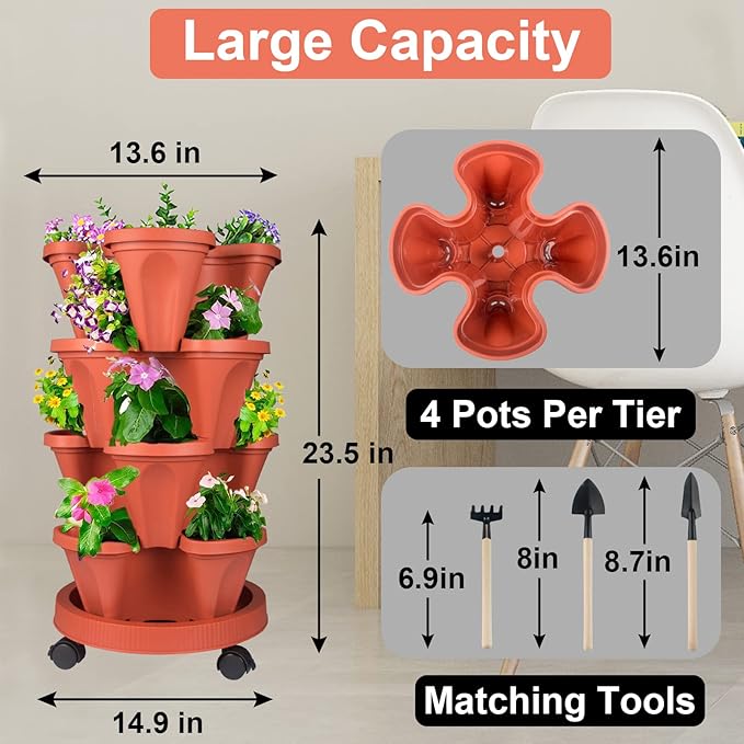 DUNCHATY Stackable Planters 4 Tier Vertical Garden Planting Tower Planters - Image 7