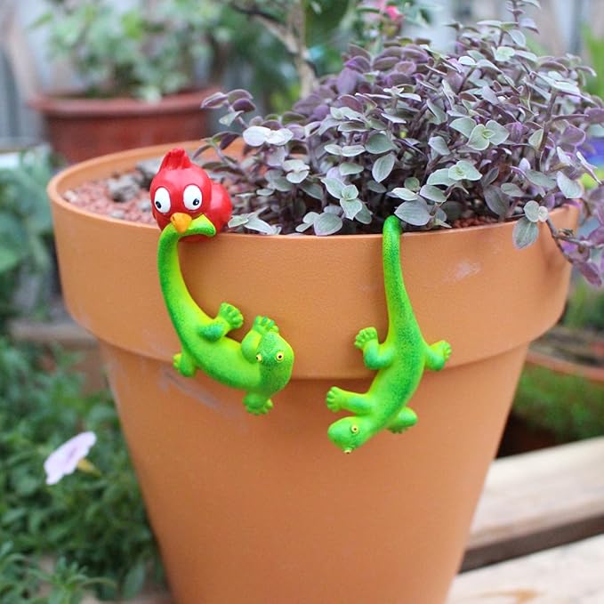 Set of 2 Funny Bird Catching Gecko Figurines Flower Pot and Vase Hugger - Image 8