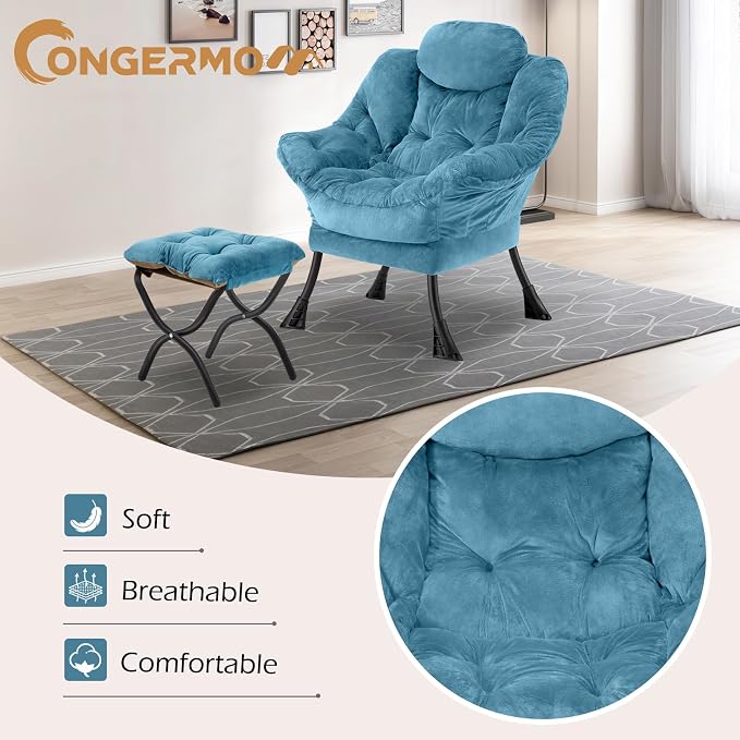 Lazy Chair with Folding Ottoman, Leisure Sofa Chair, Soft Fabric Armchair with - Image 4