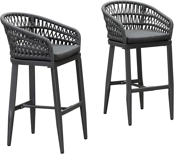 PURPLE LEAF Outdoor Rattan 29" Bar Stools Set of 2, Modern Boho Aluminum Patio by PURPLELEAF