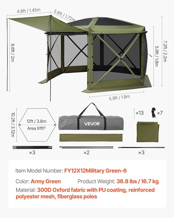 VEVOR Pop up Gazebo Screen Tent, 12 x 12 ft Large 6-Sided Camping Canopy Tent - Image 7
