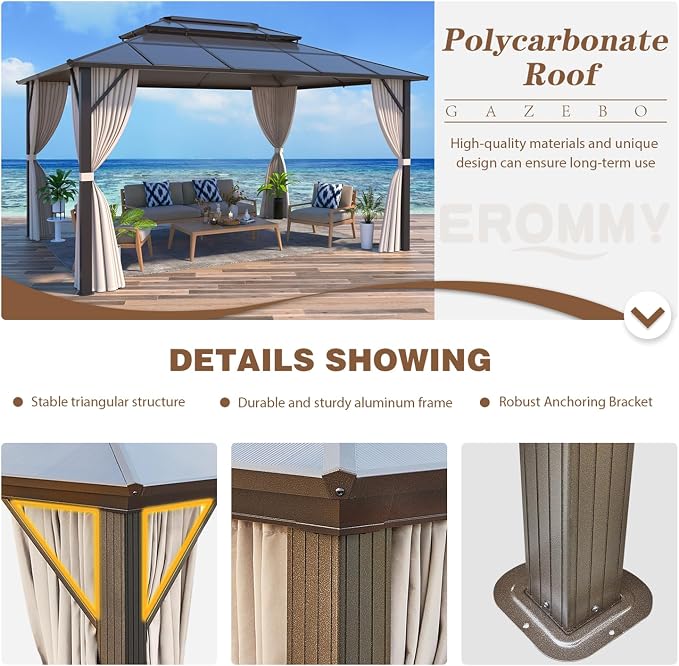EROMMY 10' x 13' Gazebo Polycarbonate Double Roof Canopy Outdoor Aluminum Frame - Image 6