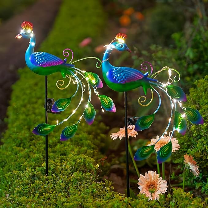DREAMSOUL 2 Pack Metal Peacock Solar Lights Outdoor Waterproof LED Solar Lights - Image 4