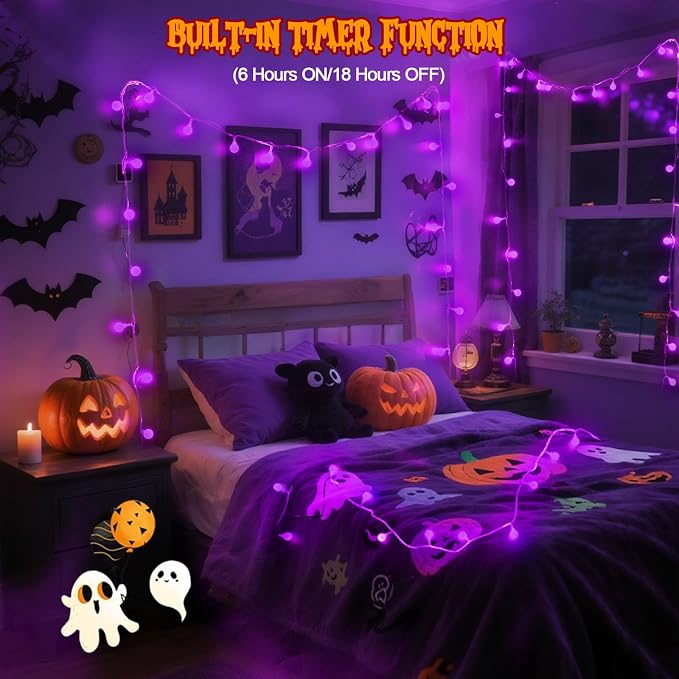 LORRYTE Connectable Purple Halloween Lights Outdoor Indoor - 43FT 100LED Globe - Image 5