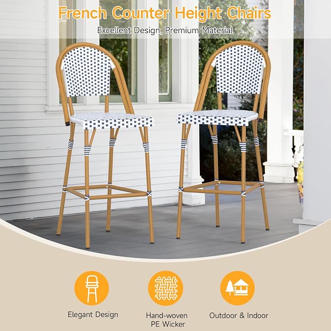 ONBRILL French Bar Stool Set of 2, Wicker Bar Height Stool 29" - Image 4