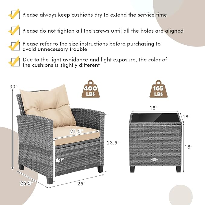 Tangkula 3 Pieces Wicker Patio Furniture Set, Outdoor Rattan Conversation - Image 5