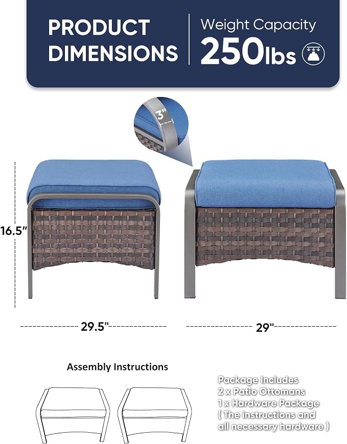 HUMMUH 2 Pieces Outdoor Wicker Ottomans-Outdoor Patio Ottoman - Image 3