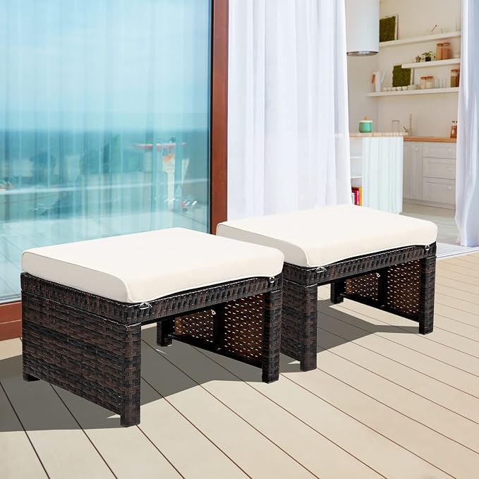 Nightcore 2-Piece Outdoor Wicker Ottomans, Outdoor Foot Rest Seat - Image 2