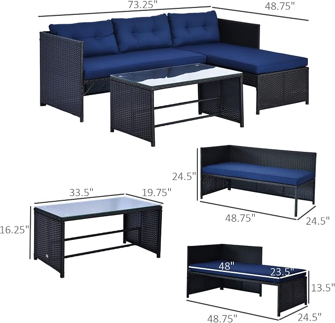Outsunny 3 Piece Patio Furniture Set, Rattan Outdoor Sofa Set - Image 7