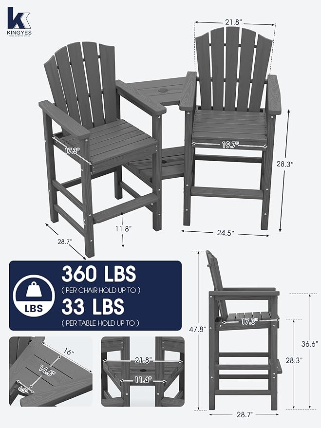 KINGYES Tall Adirondack Chairs Set of 4, All Weather Embossed Balcony Height - Image 4