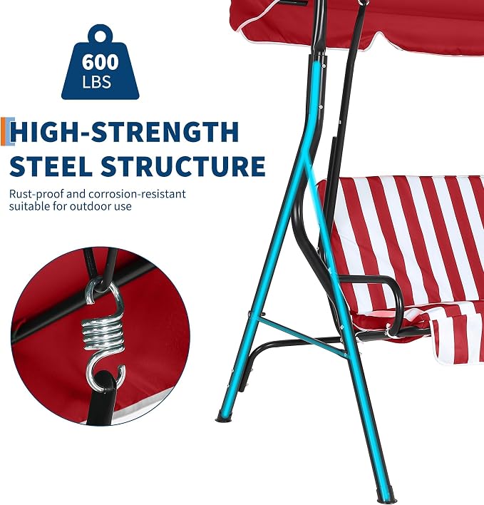 Outdoor Patio Swing Chair with Adjustable Canopy 3-Seat Heavy-Duty Steel Frame - Image 3
