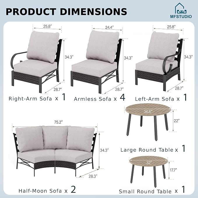 MFSTUDIO Patio Furniture Set, 10 Seats Half-Moon Curved Outdoor Sectional Sofa - Image 9