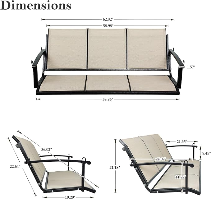 Textilene 3 Seat Hanging Swing, 5.2FT Patio Bench Swing, 660lbs Heavy Duty - Image 6
