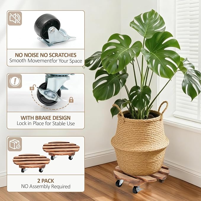2 Pack Plant Stand with Wheels, Plant Caddies with 360° Lockable Smooth Sliding - Image 3