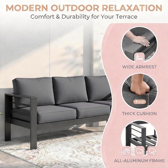 Kiss the Water Outdoor Couch Aluminum Patio Furniture Sofa, 3 Seat All-Weather - Image 8