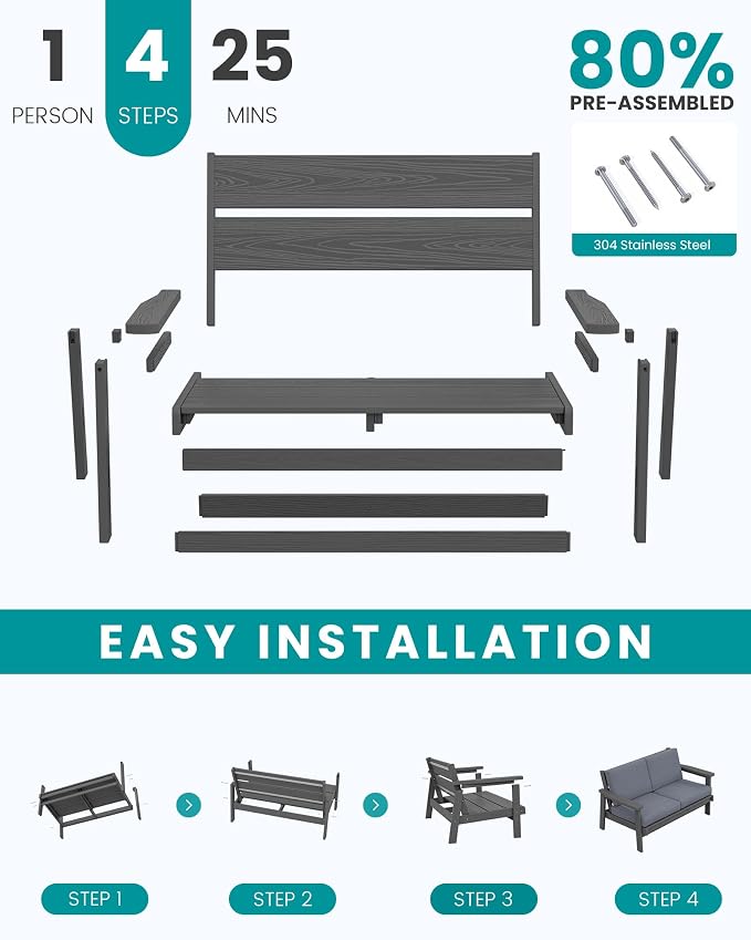 SERWALL HDPE Patio Furniture Set, 5 Piece All Weather Wood-Like Sectional - Image 7